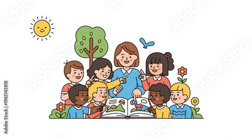 Teacher reading book to happy diverse children outdoors, education, learning, fun, illustration