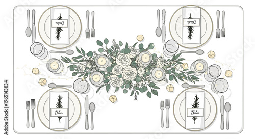 Elegant table setting for four with floral centerpiece, candles, and place cards.