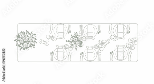 Elegant Table Setting with Floral Arrangements - Top View Line Art