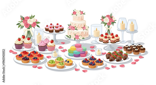 Elegant Dessert Table: Wedding Cake, Cupcakes, Macarons, Tarts, Candies, Flowers, Candles