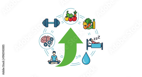 Healthy Lifestyle Icons: Nutrition, Fitness, Sleep, Hydration, Meditation, Brain Health