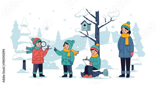 Children Learning About Nature in Winter Forest with Magnifying Glass and Notebook