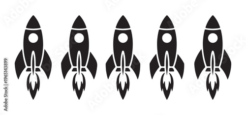 A line of five identical black rocket ship icons with flames bursting from bottom, representing launch and speed.