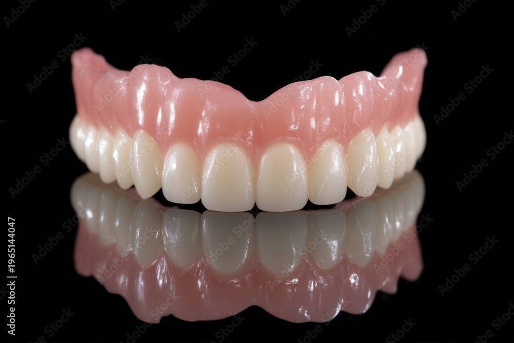 Obraz premium Full upper denture with realistic gums and teeth reflected on a glossy black surface.