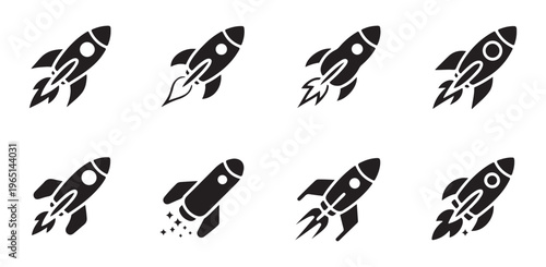 Collection of eight diverse black rocket ship icons in various poses and styles, representing innovation.