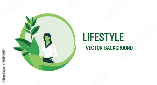 Woman Silhouette in Circle with Green Leaves, Lifestyle Vector Background