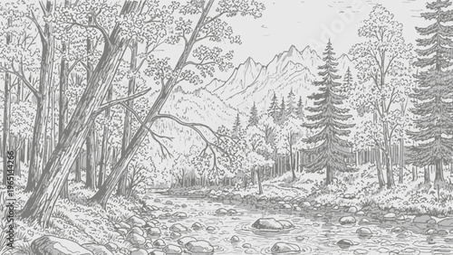 Detailed Pen and Ink Forest Landscape Depicting River, Trees, and Mountains