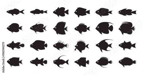 Collection of diverse fish silhouettes swimming in water, underwater ocean life.