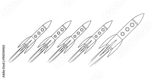Five rockets blasting off into space, representing exploration, adventure, and futuristic travel.