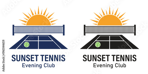 Sunset Tennis Evening Club Logo with Tennis Court, Ball, and Rising Sun Icon for Sports Centers, Athletic Training, and Recreational Club Branding