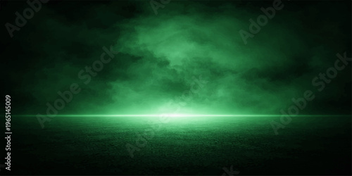 Abstract an ethereal green mist, shrouded in mystery, gracefully ascends from a dimly lit horizon, enveloping the space in an otherworldly atmosphere.
