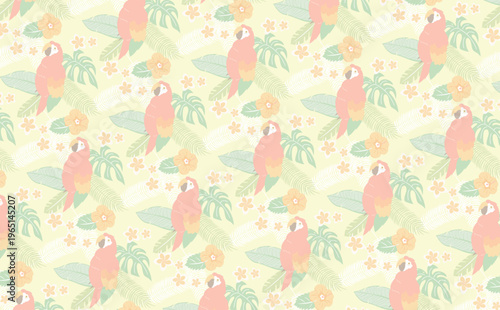 トロピカルな夏の葉や鳥のシームレスパターン背景_夏の自然イメージイラスト_黄色