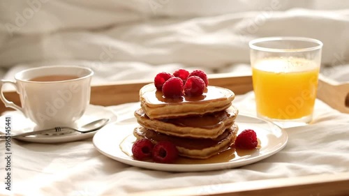Breakfast Tray with Heart Shaped Pancakes Mid Shot Romantic Morning Meal