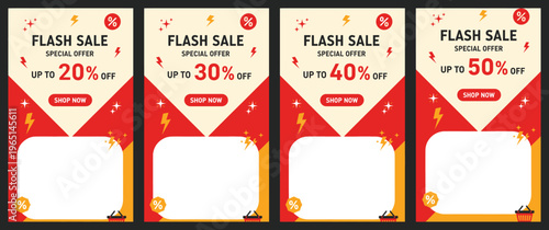 A vibrant display of four flash sale banners with discounts up to 50 percent