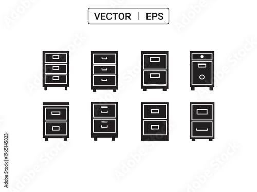 Filing cabinet vector icons, office furniture, document storage, drawer units set.
