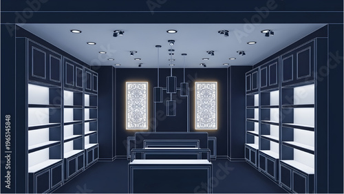 Retail boutique lighting plan, ceiling pendants, display shelves, decorative wall panels, 3D blueprint, interior layout, store design, architectural visualization