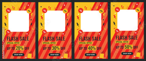 A promotional banner displays multiple flash sale signs with varying discounts on a vibrant background with confetti and balloons.