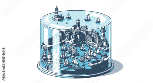 Coastal Cityscape in Glass Dome Miniature Model