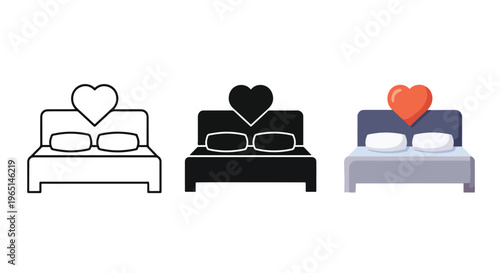 three bed love icons minimal design - Minimalist, flat icon, outline, glyph, linear, clipart, sticker - icon set