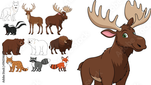 Wildlife Animal Character Set Featuring Moose, Bear, Fox, Raccoon, and Other Forest Animals for Nature, Wildlife, and Animal Design