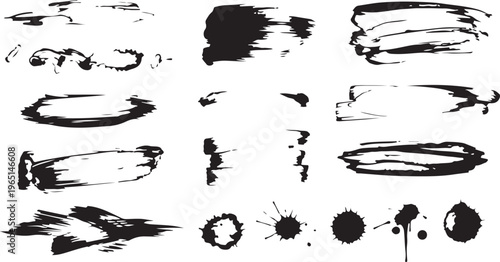 Mega bundle of different ink brush strokes:rectangle,square and round freehand drawings.Ink splatters,grungy painted lines,artistic design elements:waves,circles,triangles.