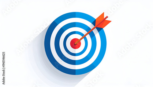 Arrow hitting center of bullseye target in flat vector design on white background