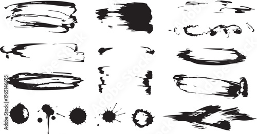 Mega bundle of different ink brush strokes:rectangle,square and round freehand drawings.Ink splatters,grungy painted lines,artistic design elements:waves,circles,triangles.