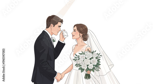 Romantic Wedding Couple Groom Adjusts Bride's Veil with Love and Tenderness