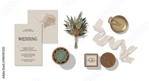 Wedding stationery flat lay with rings, bouquet, succulent, and ribbon on white background