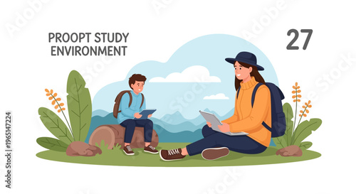 Mother and son learning outdoors in a scenic landscape with tablets, promoting education and family time.