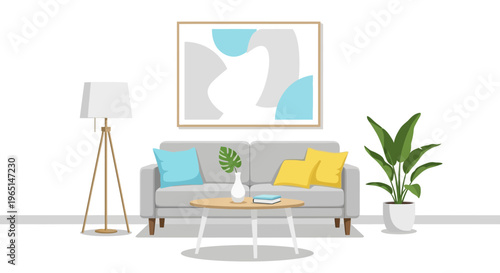 Modern living room interior with sofa, coffee table, floor lamp, and plant. Abstract art on wall.