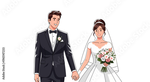 Happy Wedding Couple Holding Hands, Bride in White Dress, Groom in Tuxedo, Floral Bouquet