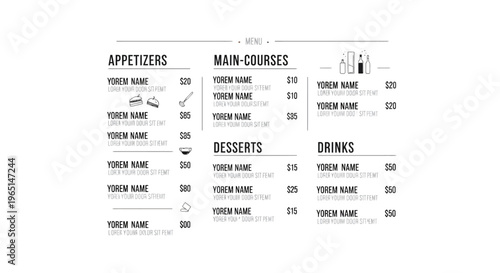 Minimalist Restaurant Menu Design - Appetizers, Main Courses, Desserts, Drinks