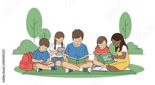 Diverse kids reading books and tablet outdoors, learning, education, summer day, park