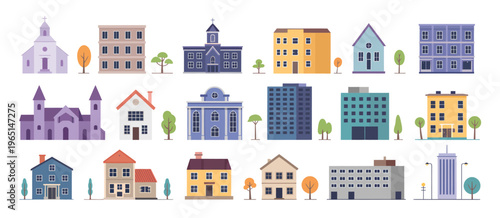 Apartment houses vector illustrations set, collection of residential building designs, simple flat vector illustration isolated on white background for real estate, urban development