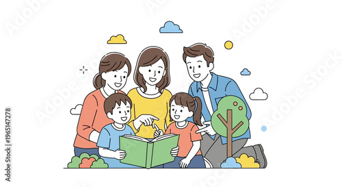 Happy family reading book together outdoors illustration