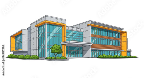 Modern Office Building Exterior with Glass Facade and Greenery