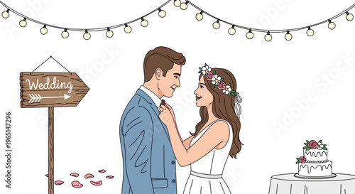 Happy Couple Bride and Groom Celebrating Wedding Day with Festive Lights and Cake