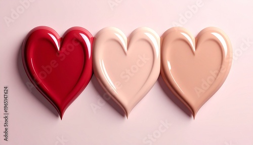 There are three heart-shaped liquid foundation swatches. They are arranged side by side and feature shades of pink, nude, beige, and red.