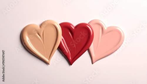 There are three heart-shaped liquid foundation swatches. They are arranged side by side and feature shades of pink, nude, beige, and red.