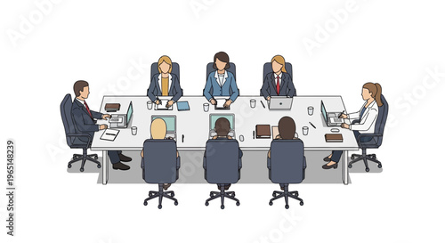 Professional business team meeting in a boardroom, diverse group of executives collaborating, discussing strategies and analyzing data around a conference table in a corporate environment