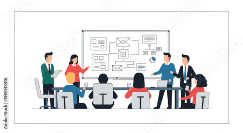 Professional business team collaborating on strategic project development and market analysis, presenting ideas and flowcharts on a whiteboard during an intensive meeting session