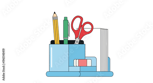 Creative office supplies organized in a light blue desk organizer, featuring a pencil, pen, scissors, eraser, and notepad for efficient workspace setup