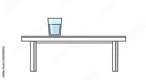Minimalist vector illustration of a single glass of clear, refreshing water resting on a clean, simple table, symbolizing hydration, health, and daily essential needs in a clean graphic style