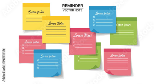 Collection of colorful sticky notes with handwritten lines for writing reminders and notes, isolated on white background