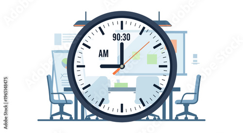 A Modern Meeting Room With A Large Clock Displaying 930 AM, Indicating Morning Business Hours and Productivity