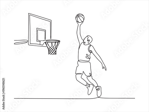 A parson basketball player doing a dunk, Continuous line drawing of basketball player dunking, sport action vector illustration
