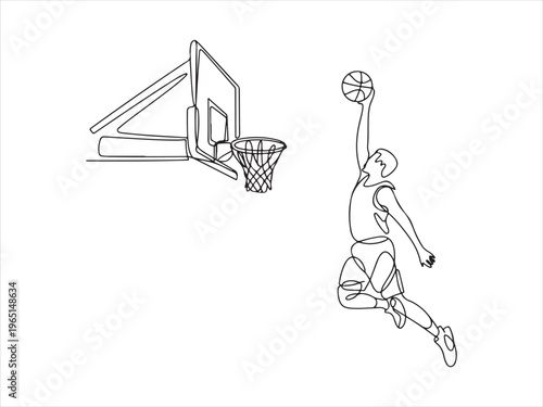 A parson basketball player doing a dunk, Continuous line drawing of basketball player dunking, sport action vector illustration