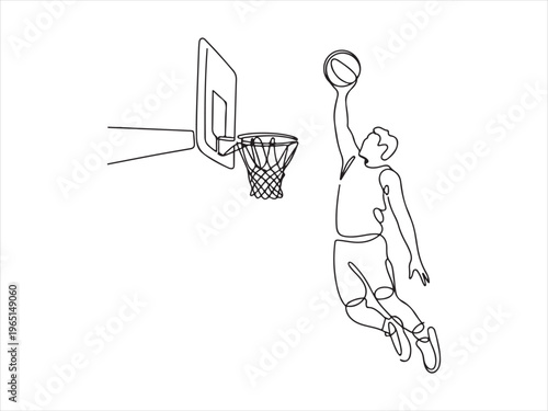 A parson basketball player doing a dunk, Continuous line drawing of basketball player dunking, sport action vector illustration