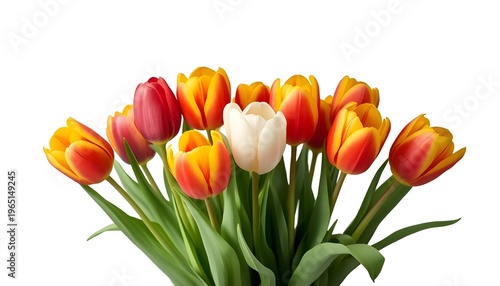A vibrant bouquet of colorful tulips against a clean white background